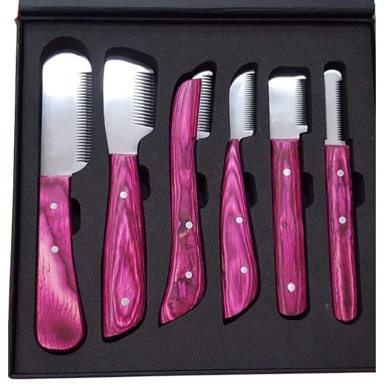 Multi Blade Red 6 Piece Hand Stripping Knife Set Cat Dog Pet Grooming Comb  Box 